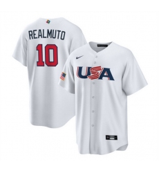 Men USA Baseball 10 J T  Realmuto 2023 White World Baseball Classic Replica Stitched Jersey