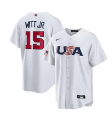 Men USA Baseball 15 Bobby Witt Jr  2023 White World Baseball Classic Replica Stitched Jersey