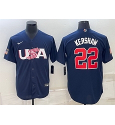 Men USA Baseball 22 Clayton Kershaw 2023 Navy World Baseball Classic Replica Stitched Jersey