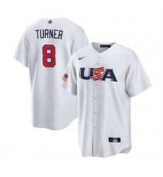 Men USA Baseball 8 Trea Turner 2023 White World Baseball Classic Replica Stitched Jersey