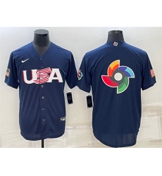 Men USA Baseball Blank 2023 Navy World Baseball Big Logo With Patch Classic Replica Stitched Jersey