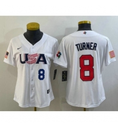 Womens USA Baseball 8 Trea Turner Number 2023 White World Classic Stitched Jersey