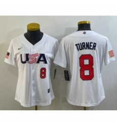 Womens USA Baseball 8 Trea Turner Number 2023 White World Classic Stitched Jerseys