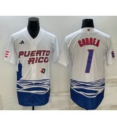 Men's Puerto Rico Baseball #1 Carlos Correa White 2023 World Baseball Classic Stitched Jersey