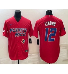 Men's Puerto Rico Baseball #12 Francisco Lindor 2023 Red World Baseball Classic Stitched Jersey