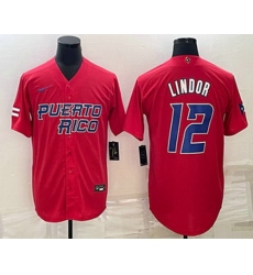 Men's Puerto Rico Baseball #12 Francisco Lindor 2023 Red World Baseball Classic Stitched Jerseys
