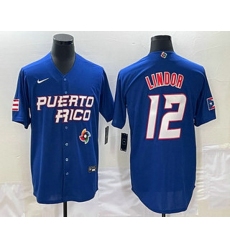 Men's Puerto Rico Baseball #12 Francisco Lindor 2023 Royal World Classic Stitched Jersey