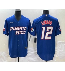 Men's Puerto Rico Baseball #12 Francisco Lindor 2023 Royal World Classic Stitched Jerseys