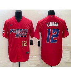 Men's Puerto Rico Baseball #12 Francisco Lindor Number 2023 Red World Baseball Classic Stitched Jersey
