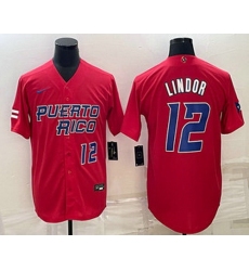 Men's Puerto Rico Baseball #12 Francisco Lindor Number 2023 Red World Baseball Classic Stitched Jerseys