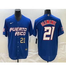 Mens Puerto Rico Baseball #21 Roberto Clemente Number 2023 Blue World Classic Stitched Jersey