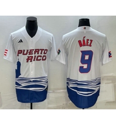 Men's Puerto Rico Baseball #9 Javier Baez White 2023 World Baseball Classic Stitched Jersey