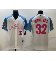 Men Mexico Baseball 32 Joey Meneses 2023 White Blue World Baseball Classic Stitched Jersey