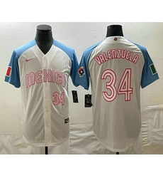 Men's Mexico Baseball #34 Fernando Valenzuela Number 2023 White Blue World Classic Stitched Jersey1