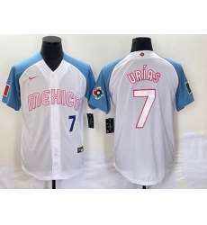 Men's Mexico Baseball #7 Julio Urias Number 2023 White Blue World Classic Stitched Jerseys