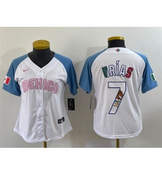 Women Mexico Baseball 7 Julio Urias 2023 White Blue World Baseball Classic Stitched Jersey