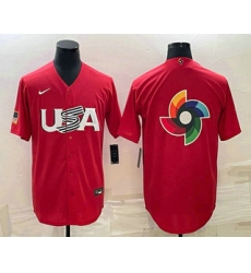 Men USA Baseball 2023 Red World Big Logo With Patch Classic Stitched Jersey I