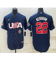 Men's USA Baseball #22 Clayton Kershaw 2023 Navy World Baseball Classic Stitched Jerseys