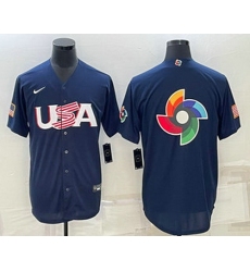 Men's USA Baseball Blank 2023 Navy World Baseball Big Logo Classic Stitched Jerseys