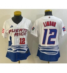 Womens Puerto Rico Baseball 12 Francisco Lindor Number 2023 White World Classic Stitched Jerseys
