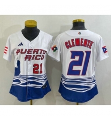 Womens Puerto Rico Baseball 21 Roberto Clemente Number 2023 White World Classic Stitched Jersey