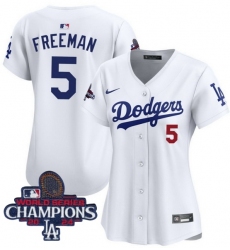 Women Nike Los Angeles Dodgers Freddie Freeman #5 White Flex Base 2024 World Series Champions Stitched MLB Jersey