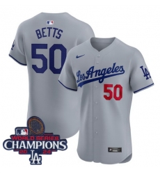 Youth Nike Los Angeles Dodgers Mookie Betts #50 Gray Flex Base 2024 World Series Champions Stitched MLB Jersey