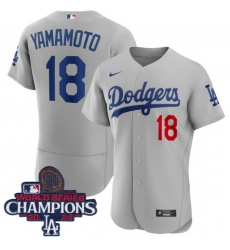 Youth Nike Los Angeles Dodgers Yoshinobu Yamamoto #18 Gray Flex Base 2024 World Series Champions Stitched MLB Jersey