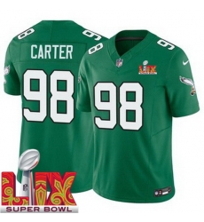 Men Philadelphia Eagles Jalen Carter #98 Kelly Green 2024 2025 Super Bowl LIX F U S E Stitched NFL Jersey