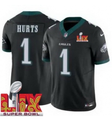 Youth Philadelphia Eagles Jalen Hurts #1 Black 2024 2025 Super Bowl LIX F U S E Stitched NFL Jersey