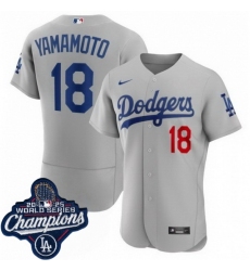 Men Los Angeles Dodgers 18 Yoshinobu Yamamoto Cool Base 2025 World Champions Stitched Baseball Jersey Gray