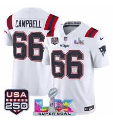 Men New England Patriots 66 Will Campbell White 2025 F U S E Super Bowl LX Patch And USA 250 27 Patch Vapor Limited Football Stitched Jersey Men New England Patriots 66 Will Campbell White 2025 F U S E Super Bowl LX Patch And USA 250 27 Patch Vapor Limited Football Stitched Jersey