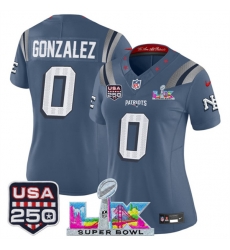 Women New England Patriots 0 Christian Gonzalez Storm Blue 2025 F U S E Super Bowl LX  USA 250 Patch Rivalries Vapor Limited Football Stitched Jersey 