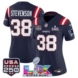 Women New England Patriots 38 Rhamondre Stevenson Navy 2025 F U S E  Super Bowl LX Patch And USA 250 27 Patch Vapor Limited Football Stitched Jersey 