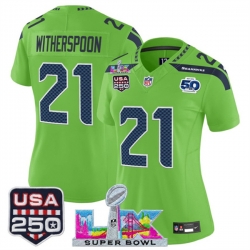 Women Seattle Seahawks 21 Devon Witherspoon Green 2025 F U S E  Super Bowl LX Patch And 50th Season  26 USA 250 27 Patch Vapor Limited Football Stitched Je