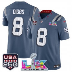 Youth New England Patriots 8 Stefon Diggs Storm Blue 2025 F U S E  Super Bowl LX  USA 250 Patch  Rivalries Vapor Limited Stitched Football Jersey