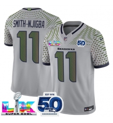 Men Seattle Seahawks 11 Jaxon Smith Njigba Grey 2025 F U S E  Super Bowl LX Patch And 50th Season Patch  Rivalries Vapor Limited Stitched Football Jersey