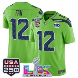 Men Seattle Seahawks 12 Fan Green 2025 F U S E  Super Bowl LX Patch And 50th Season  USA 250 Patch Vapor Limited Football Stitched Jersey