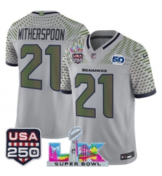 Men Seattle Seahawks 21 Devon Witherspoon Gray 2025 F U S E Super Bowl LX  US 250th anniversary Patch And 50th Season Patch Rivalries Vapor Limited Footbal