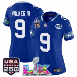 Women Seattle Seahawks 9 Kenneth Walker III Royal 2025 F U S E Super Bowl LX Patch And 50th Season  USA 250 Patch Vapor Throwback Limited Stitched Football
