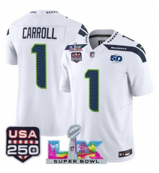 Youth Seattle Seahawks 1 Pete Carroll White 2025 F U S E  Super Bowl LX Patch And 50th Season  USA 250 Patch Vapor Limited Stitched Football Jersey