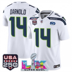 Youth Seattle Seahawks 14 Sam Darnold White 2025 F U S E  Super Bowl LX Patch And 50th Season  USA 250 Patch Vapor Limited Stitched Football Jersey