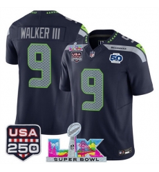 Youth Seattle Seahawks 9 Kenneth Walker III Navy 2025 F U S E  Super Bowl LX Patch And 50th Season  USA 250 Patch Vapor Limited Stitched Football Jersey