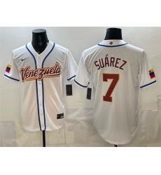Men Venezuela Baseball  7 Eugenio Suarez White 2026 World Baseball Classic Home Stadium Stitched Jersey